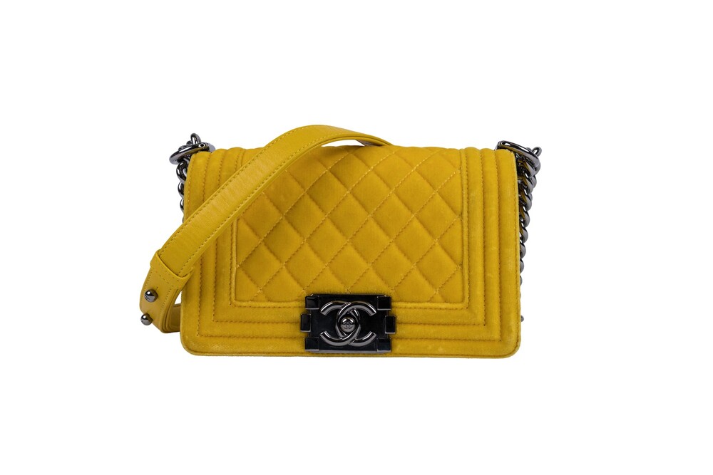 Chanel Yellow Boy Shoulder Bag Quilted Crushed Velvet Silver Hardware Small